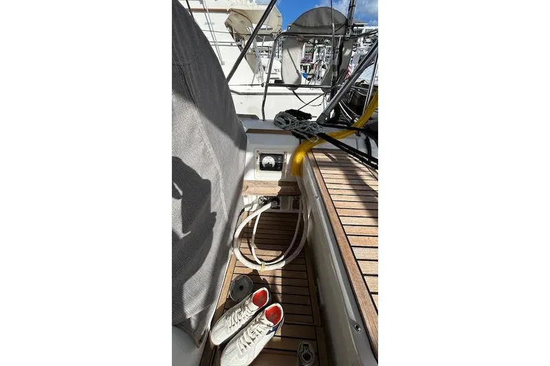 Slide: The Image of Close-up of 2013 Beneteau Sense 46 sailboat rigging and sail detail. - 20