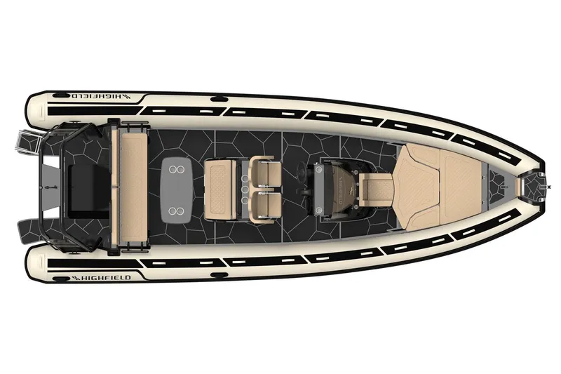 Slide: The Image of Manufacturer Provided Image: 2025 Highfield Sport 760 boat, top view, sleek design with beige and black accents. - 4