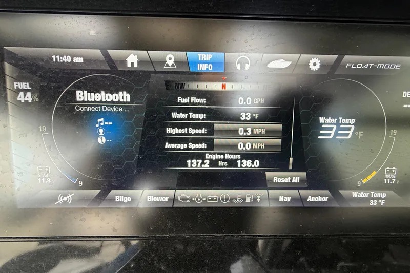 Slide: The Image of Yamaha Boats 2019 242 Limited S dashboard displaying fuel, water temperature, and Bluetooth connectivity. - 13