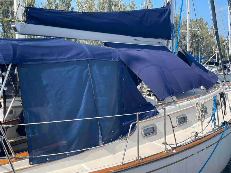 Slide: The Image of Close-up of the anchor and rigging on a 1990 Island Packet 35 Cutter sailboat. - 57