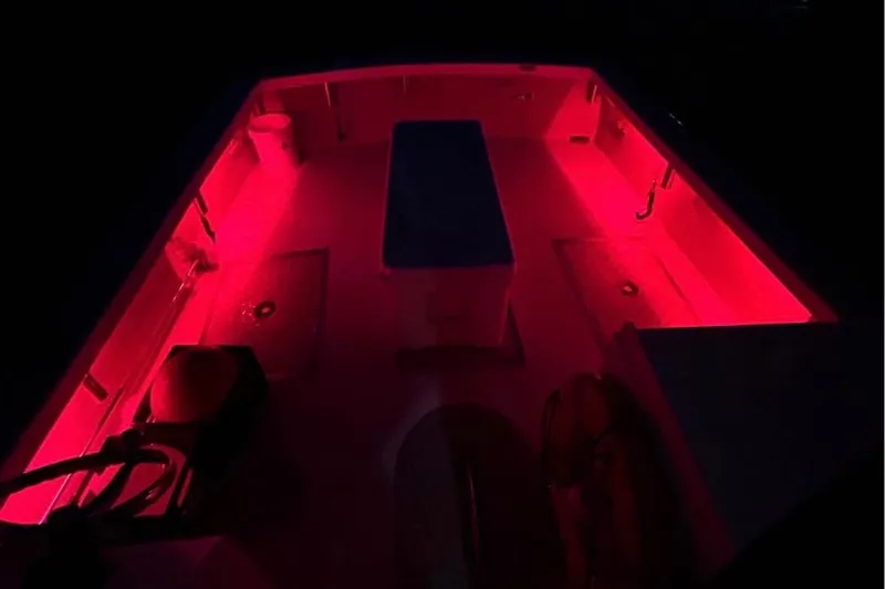 Slide: The Image of 1998 Eastern JC Casco Bay boat interior with vibrant red lighting at night. - 2