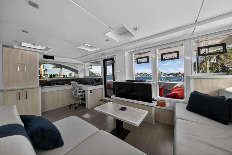 Slide: The Image of Luxurious interior of 2019 Leopard 58 yacht with modern furnishings and ocean view. - 15