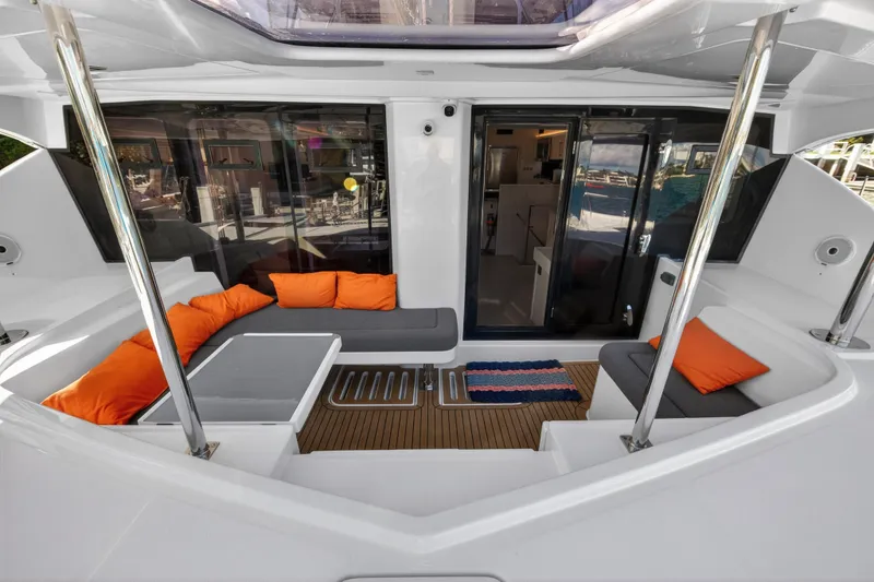 Slide: The Image of Luxurious 2019 Leopard 58 yacht interior with modern seating and vibrant orange cushions. - 22