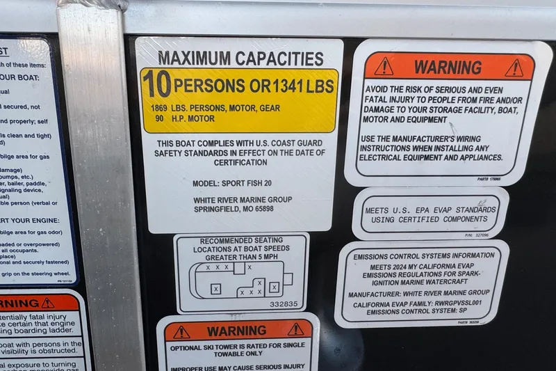 Slide: The Image of 2024 Sun Tracker SportFish 20 DLX capacity and safety warning labels. - 29
