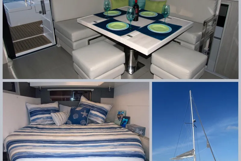 Slide: The Image of 2018 Leopard 40 yacht interior with dining area, cozy bedroom, and mast against blue sky. - 25