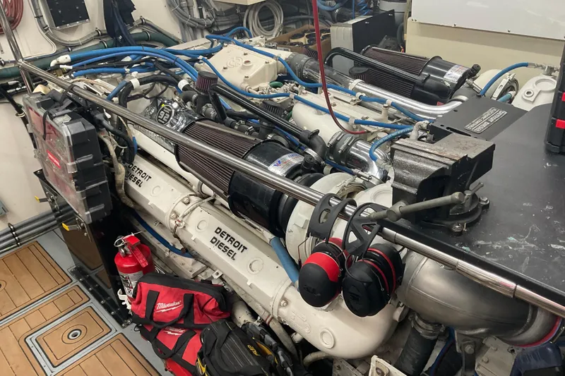 Slide: The Image of Engine room of 1997 Hatteras 70 Sport Deck Motor Yacht with Detroit Diesel engine. - 39