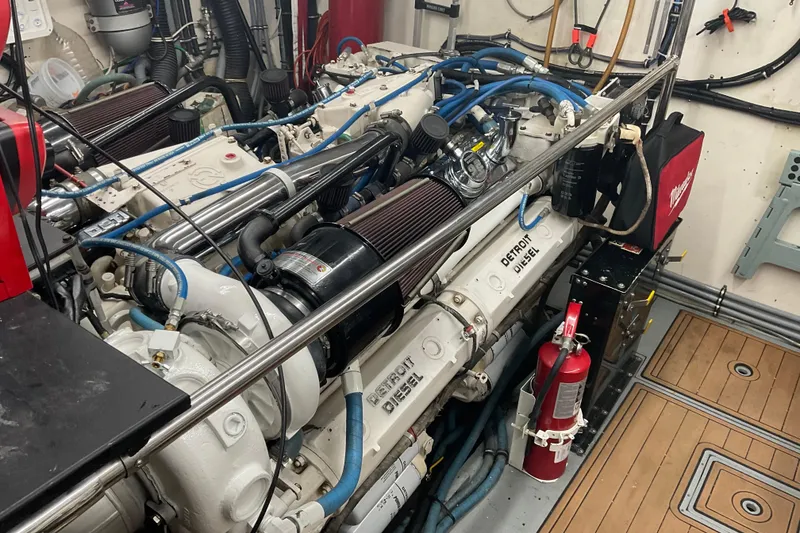 Slide: The Image of Engine room of a 1997 Hatteras 70 Sport Deck Motor Yacht with Detroit Diesel engines. - 40