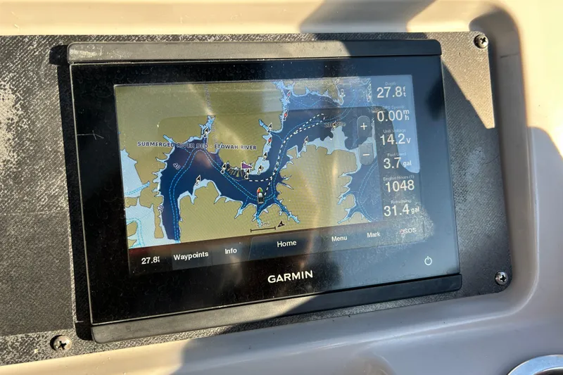 Slide: The Image of Garmin GPS display on 2023 Godfrey Sweetwater 2286 C boat, showing Etowah River map. - 18
