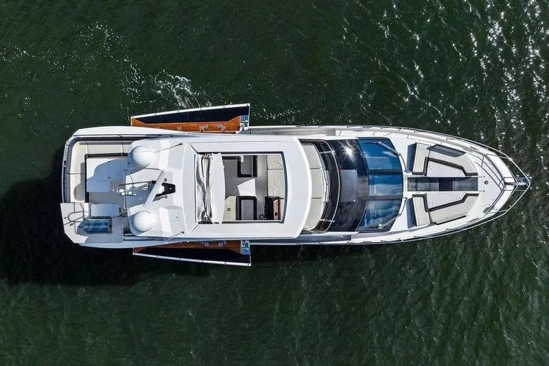 Slide: The Image of Overhead view of 2018 Galeon 640 Fly yacht on water. - 18
