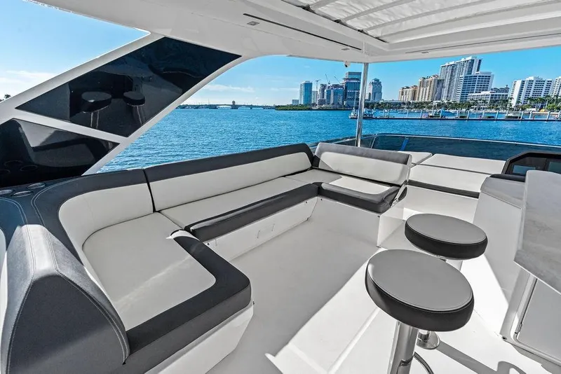 Slide: The Image of Luxurious 2018 Galeon 640 Fly yacht interior with waterfront city view. - 33