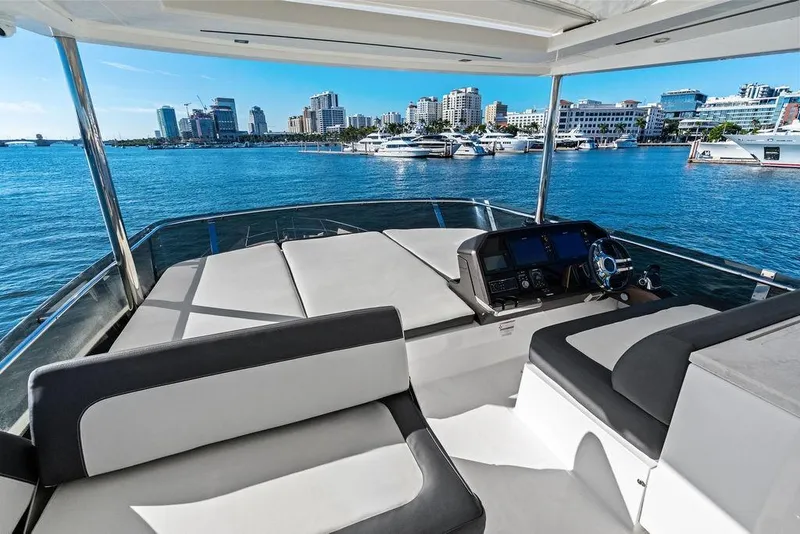 Slide: The Image of Luxurious 2018 Galeon 640 Fly yacht interior with city skyline view. - 36