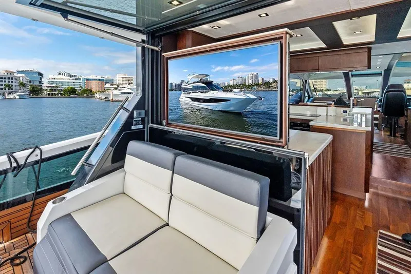 Slide: The Image of Luxurious interior of 2018 Galeon 640 Fly yacht with waterfront view. - 46