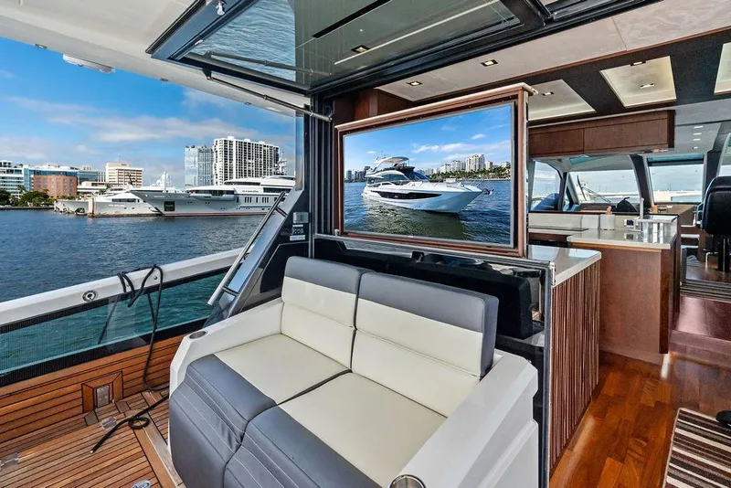 Slide: The Image of Luxurious 2018 Galeon 640 Fly yacht interior with waterfront view and modern amenities. - 47