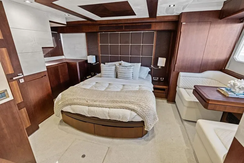 Slide: The Image of Luxurious bedroom interior of 2018 Galeon 640 Fly yacht with elegant wood finishes. - 66