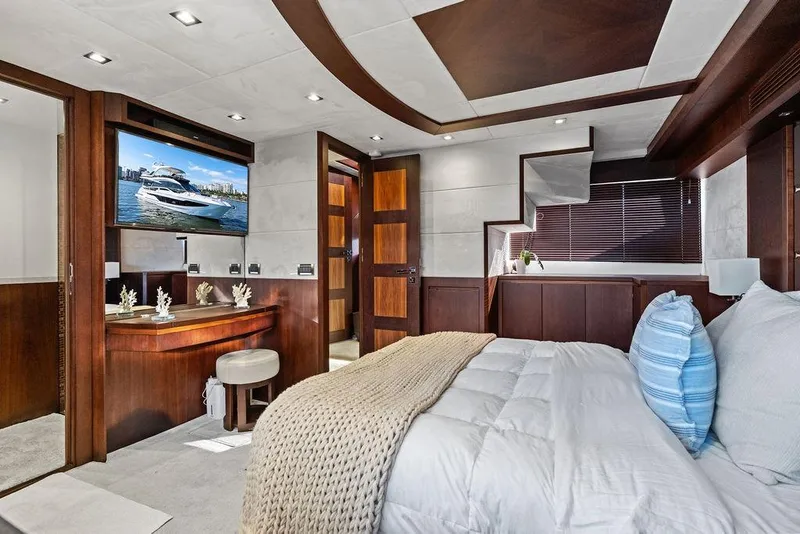 Slide: The Image of Luxurious interior of 2018 Galeon 640 Fly yacht with elegant wood finishes and modern decor. - 70