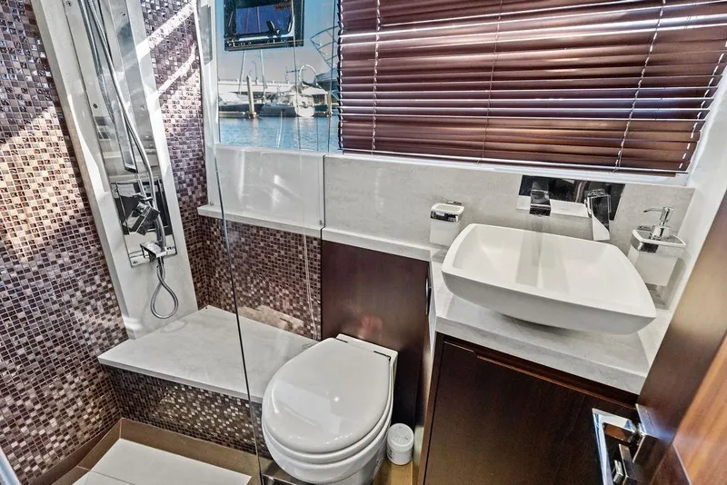 Slide: The Image of Luxurious bathroom on 2018 Galeon 640 Fly yacht with modern fixtures and mosaic tiles. - 72