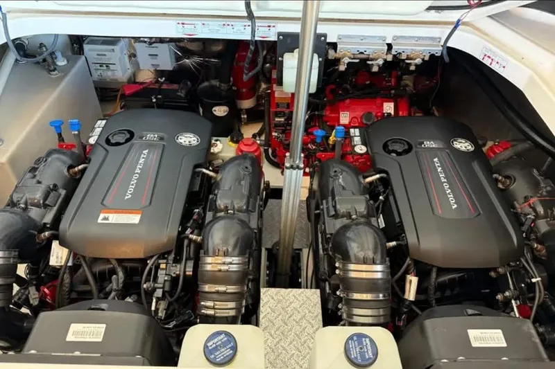 Slide: The Image of Engine compartment of a 2019 Regal 35 Sport Coupe with Volvo Penta engines. - 23