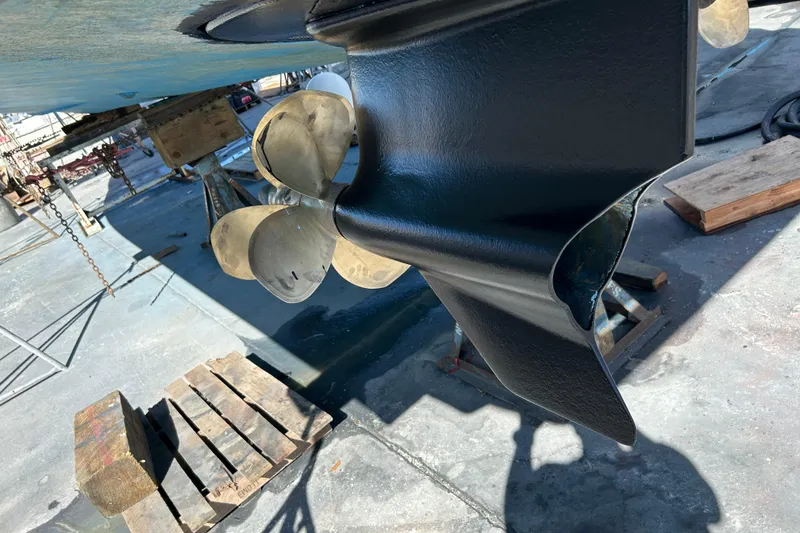 Slide: The Image of Close-up of a 2016 Prestige 450S boat propeller and rudder in dry dock. - 9