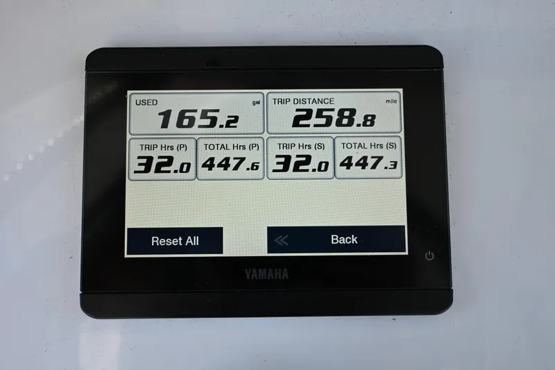 Slide: The Image of Yamaha display showing fuel usage and trip data for Sea Hunt Gamefish 30 Coffin Box, 2025. - 25