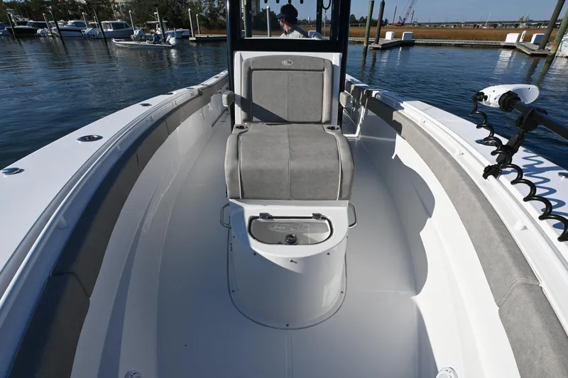 Slide: The Image of 2025 Sea Hunt Gamefish 30 Coffin Box boat interior with seating and storage. - 7