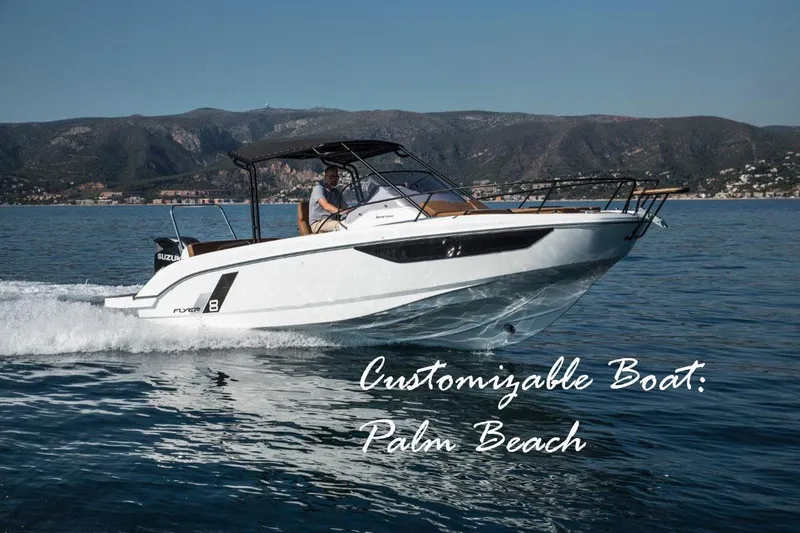 The Image of 2025 Beneteau Flyer 8 SUNdeck cruising on water near mountains, customizable boat. - 0