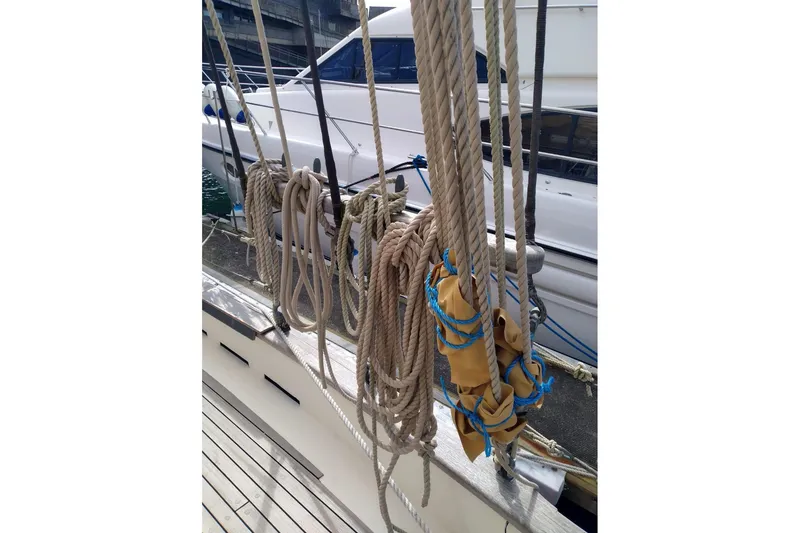 Slide: The Image of Ropes and rigging on a 2012 Custom Mayflower 50 sailboat deck. - 7