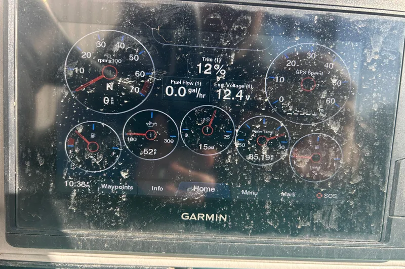 Slide: The Image of Garmin display showing boat gauges and metrics on Shallow Stalker Cat 240 Pro Elite, 2021 model. - 26