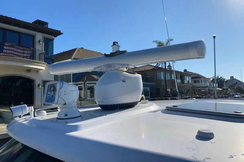 Slide: The Image of Rooftop radar and camera on 2021 Boston Whaler 345 Conquest boat, dockside view. - 14