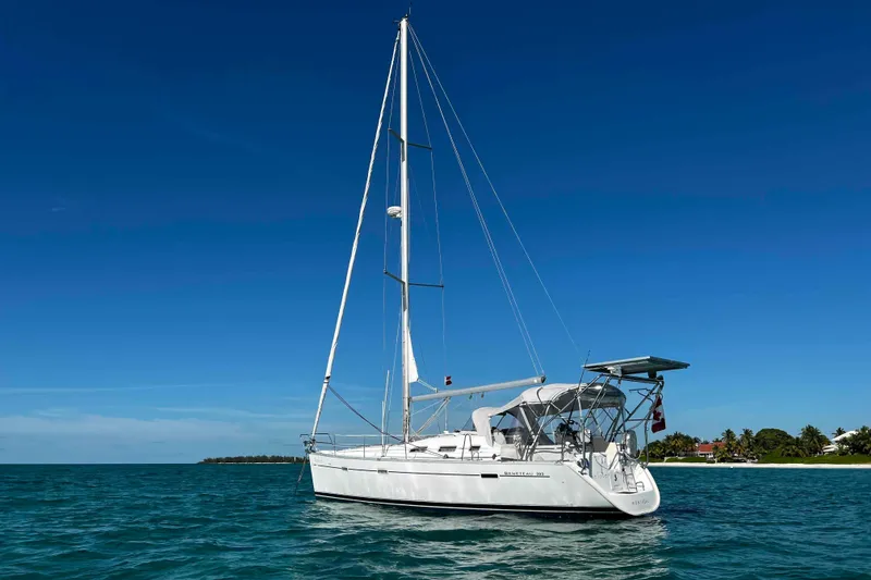 The Image of 2007 Beneteau 393 sailboat on calm ocean, clear blue sky background. - 0