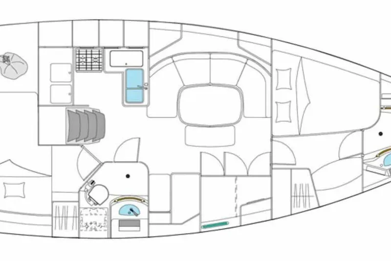 Slide: The Image of Interior of 2007 Beneteau 393 yacht with modern kitchen and seating area. - 23
