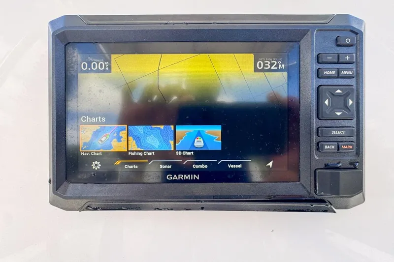 Slide: The Image of Garmin GPS display on 2022 Cobia 220 Center Console boat, showing navigation charts. - 32