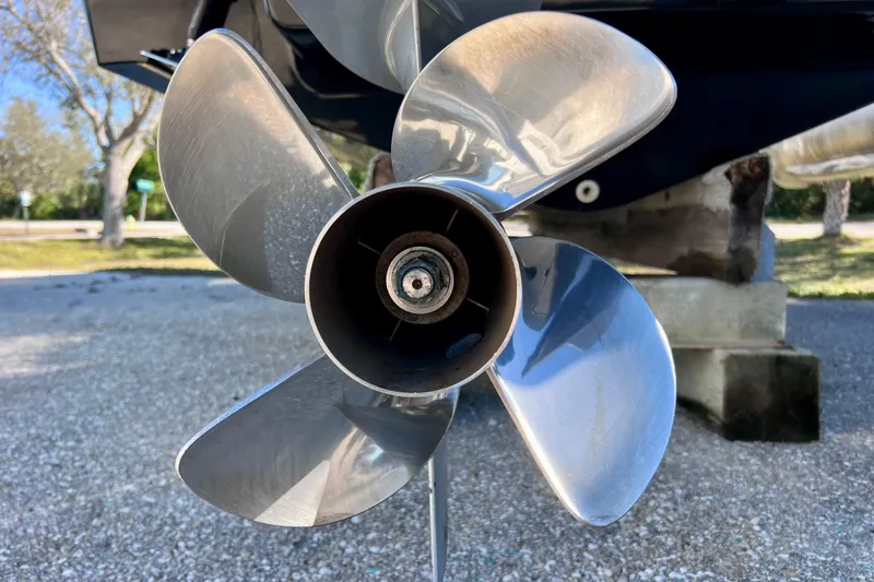 Slide: The Image of Close-up of a 2024 Sea Ray SLX 280 Outboard propeller, showcasing its sleek design. - 15
