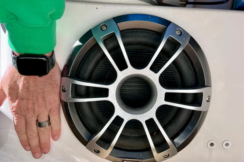 Slide: The Image of Close-up of a speaker on a 2024 Sea Ray SLX 280 Outboard boat. - 43