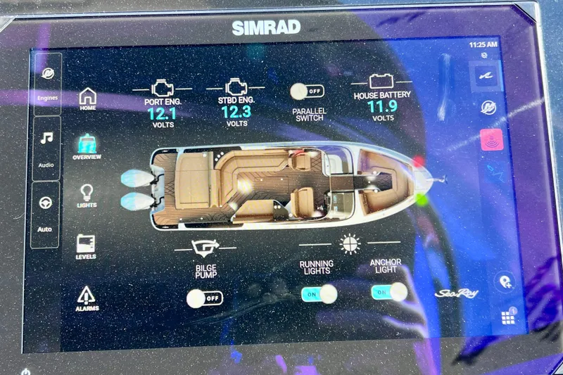 Slide: The Image of 2024 Sea Ray SLX 280 Outboard dashboard display showing engine and battery voltages. - 56