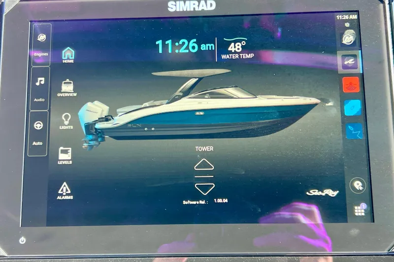 Slide: The Image of Simrad display showing 2024 Sea Ray SLX 280 Outboard boat interface with controls and water temperature. - 60