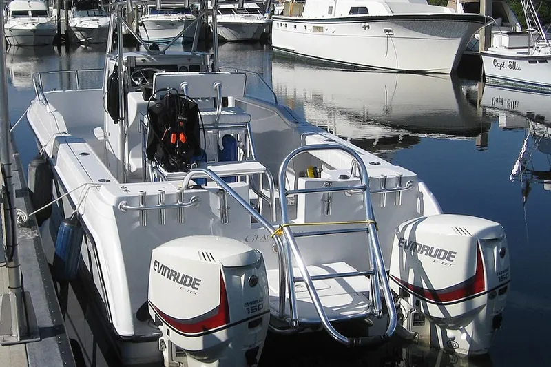 Slide: The Image of 2000 Glacier Bay 260 Canyon Runner boat docked with dual Evinrude engines. - 21