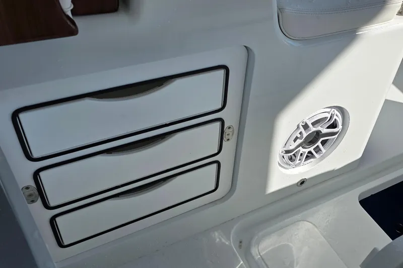 Slide: The Image of 2024 Costa Custom Boats 34 SV interior with storage drawers and speaker detail. - 50