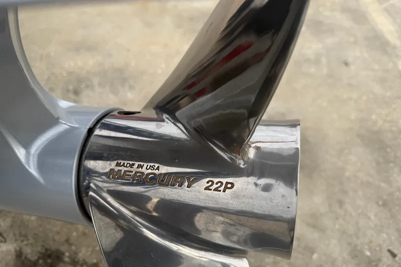 Slide: The Image of Close-up of a Mercury 22P propeller, made in USA, on a Timber Creek 2064, 2025 model. - 17