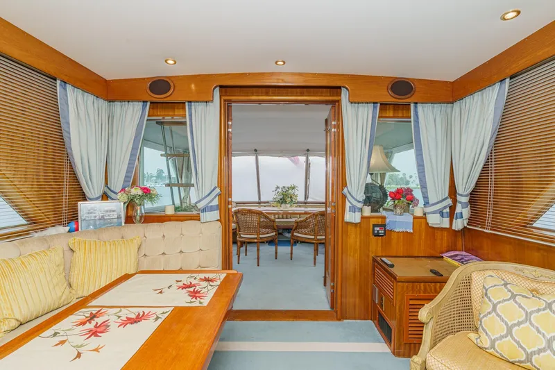 Slide: The Image of Interior of a 1971 Hatteras 53 Motor Yacht with elegant wood paneling and cozy seating. - 28