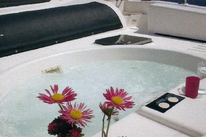 Slide: The Image of Luxurious Dyna Laguna yacht jacuzzi with pink flowers and a drink. - 22