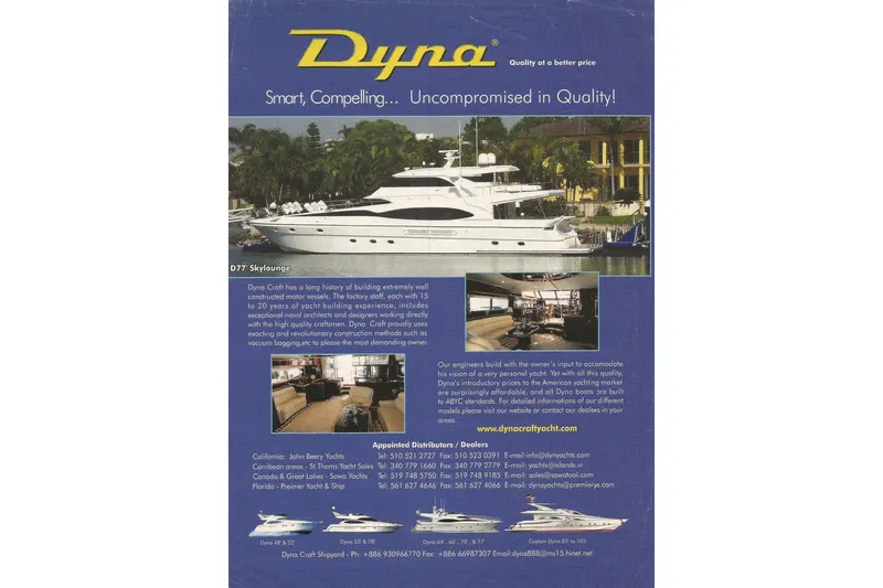 Slide: The Image of Dyna Laguna yacht advertisement showcasing luxury features and contact information. - 5