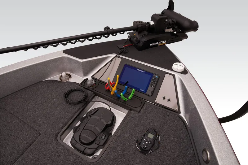 Slide: The Image of 2026 Triton 206 Allure boat interior with red and gray seating, showcasing spacious design. - 10