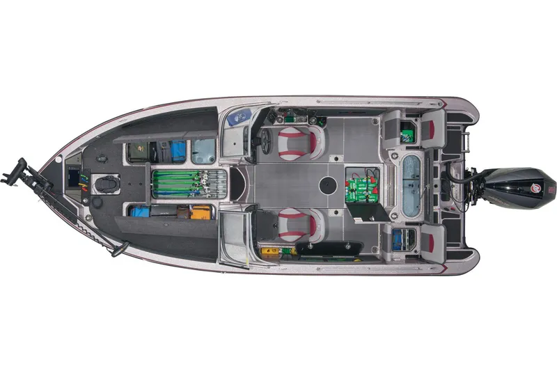 Slide: The Image of 2026 Triton 206 Allure boat interior with gray seating and trolling motor. - 7