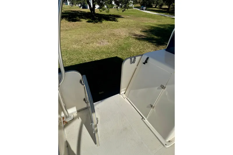 Slide: The Image of 2017 Beachcat 230 boat interior with open hatch, grassy background. - 14