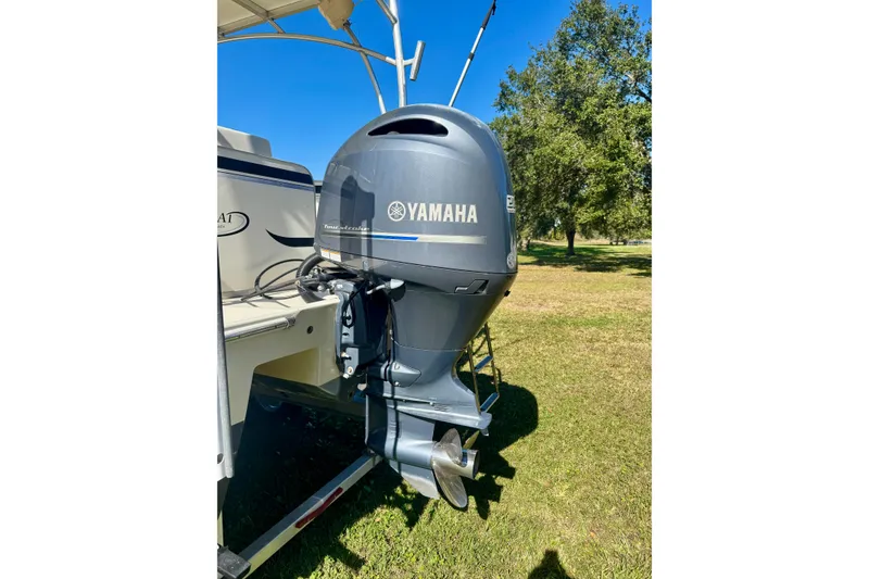 Slide: The Image of Yamaha outboard motor on 2017 Beachcat 230 boat, parked on grass. - 18