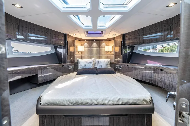 Slide: The Image of Luxurious bedroom interior of 2021 Galeon 500 Fly yacht with skylights and modern design. - 5