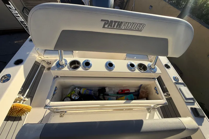 Slide: The Image of Pathfinder 2005 TRS boat interior with storage compartment, rod holders, and accessories, 2022 model. - 48