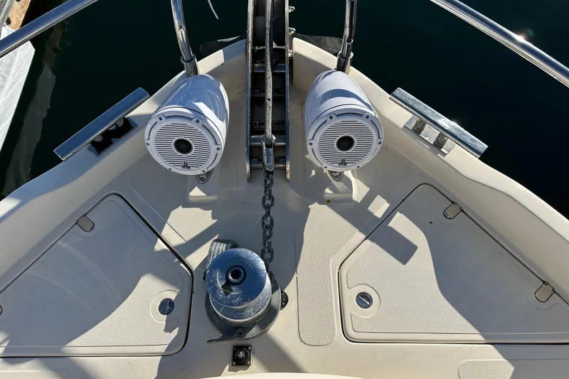 Slide: The Image of Bow of 2003 Aicon 56 Flybridge yacht with anchor and speakers. - 11