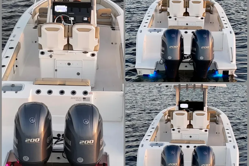 Slide: The Image of 2021 Pursuit S 268 Sport boat with dual Yamaha 200 engines on water. - 10