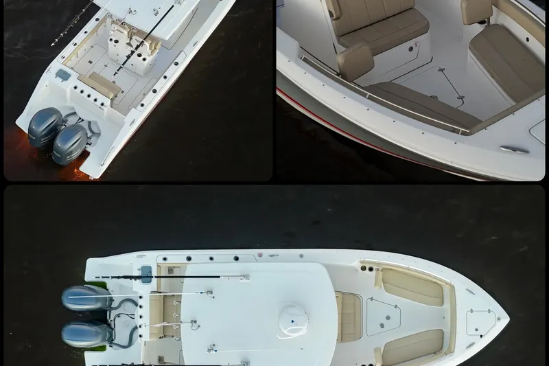 Slide: The Image of 2021 Pursuit S 268 Sport boat, aerial view, showcasing seating and dual engines. - 15